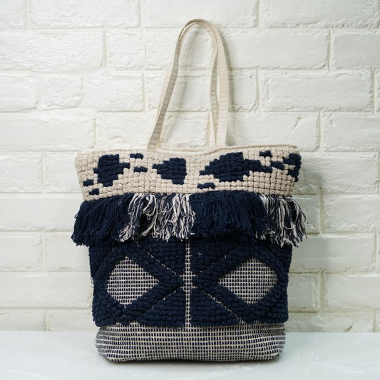 Hand Woven Fringes Blue-White Tote.