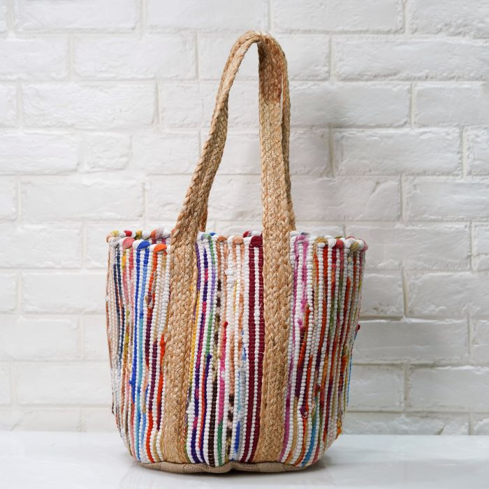 Cotton And Jute Tote Bag, Woven Stripe Tote Bag.