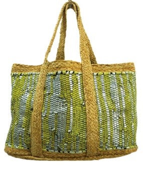 Beige and Green Jute Handmade Bag.