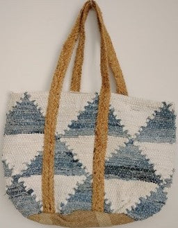 Blue and White Cotton and Jute Bag.